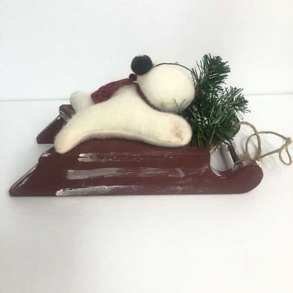 felted wool plush snowman sledding checkers scarf ear muffs pine tree red primit - Picture 4 of 8